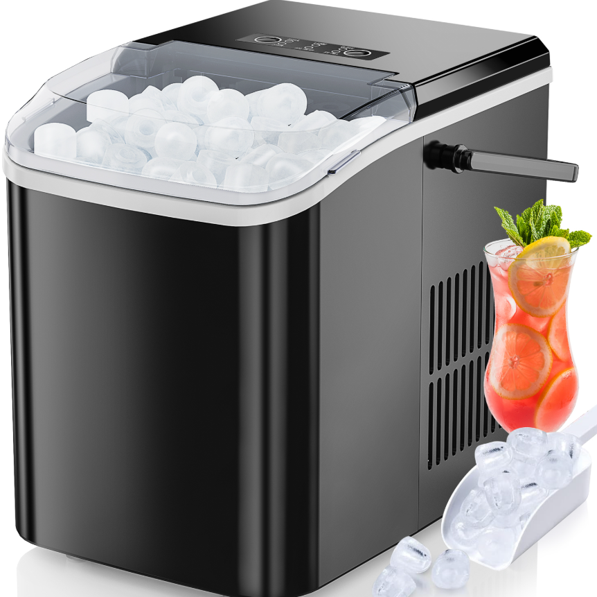 Portable countertop ice maker producing ice cubes on a kitchen counter
