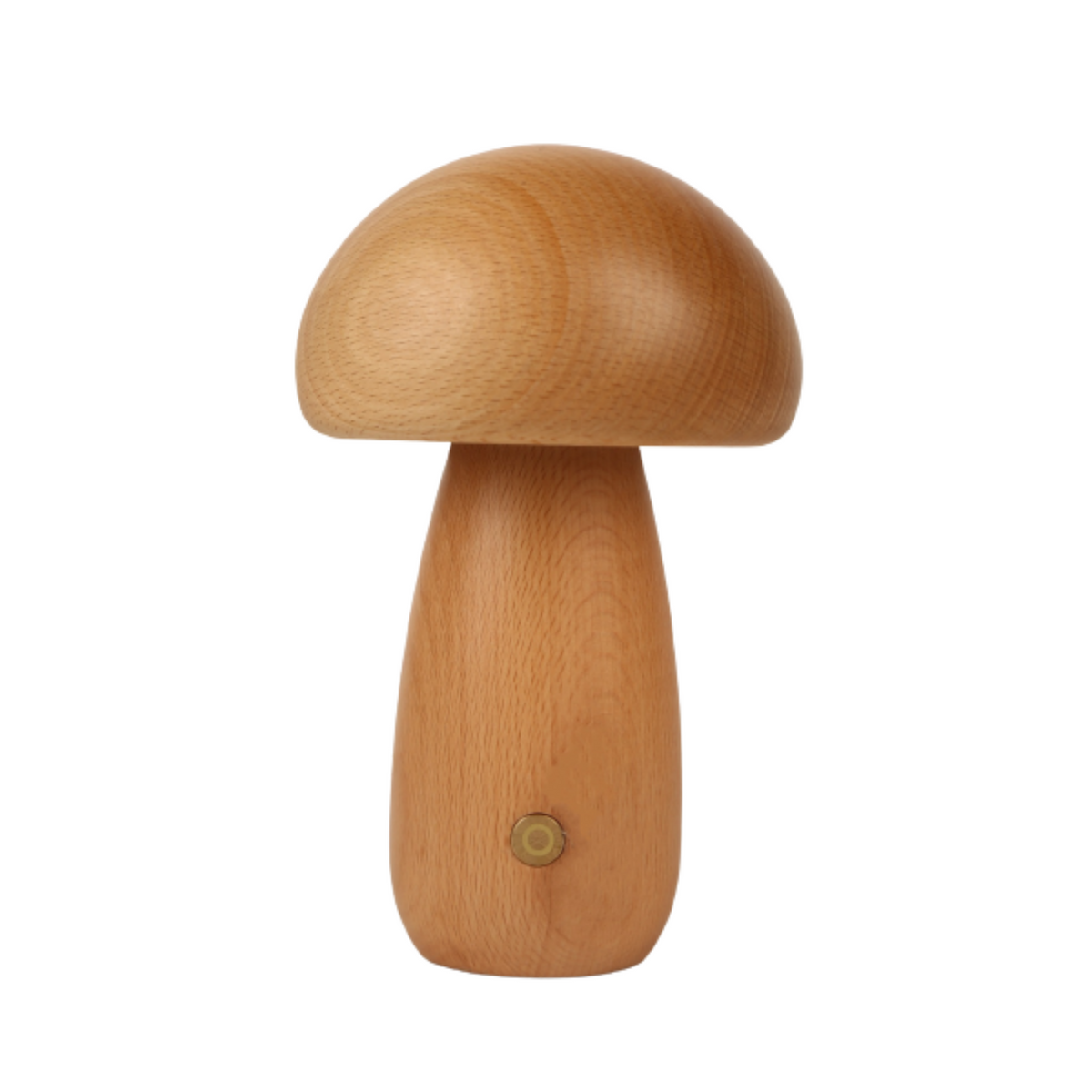 Rechargeable wooden mushroom lamp glowing with warm LED light on bamboo wood base