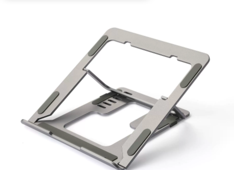 Adjustable aluminum alloy laptop stand with cooling feature in silver and black colors