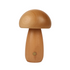 Rechargeable wooden mushroom lamp glowing with warm LED light on bamboo wood base