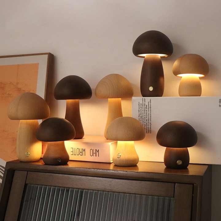 Wooden Mushroom LED Night Light - Rechargeable &amp; Portable
