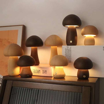 Wooden Mushroom LED Night Light - Rechargeable &amp; Portable