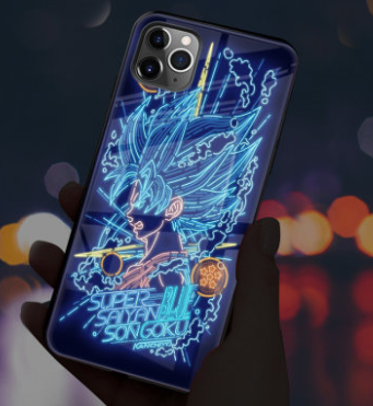 Dragon Ball Z phone case with glowing Goku design and sound-activated light on blue tempered glass for iPhone models
