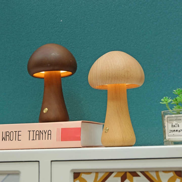 Wooden Mushroom LED Night Light - Rechargeable &amp; Portable